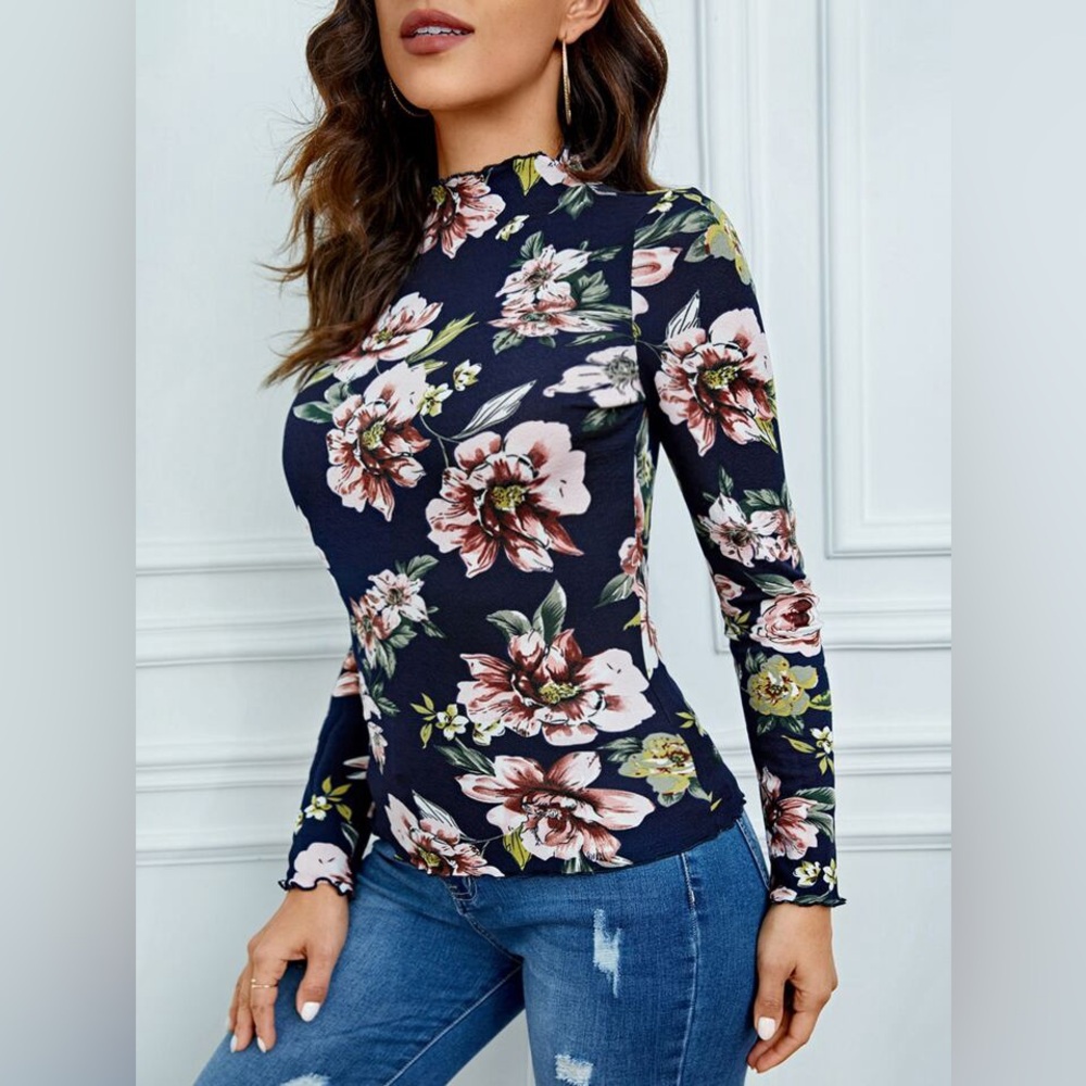 SHEIN Allover Floral Print Lettuce Trim Mock Neck